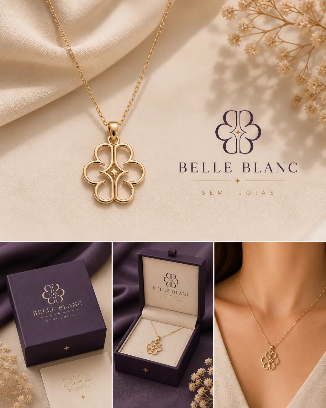 Rebranding Belle Blanc com logotipo, embalagem e aplicação em joia