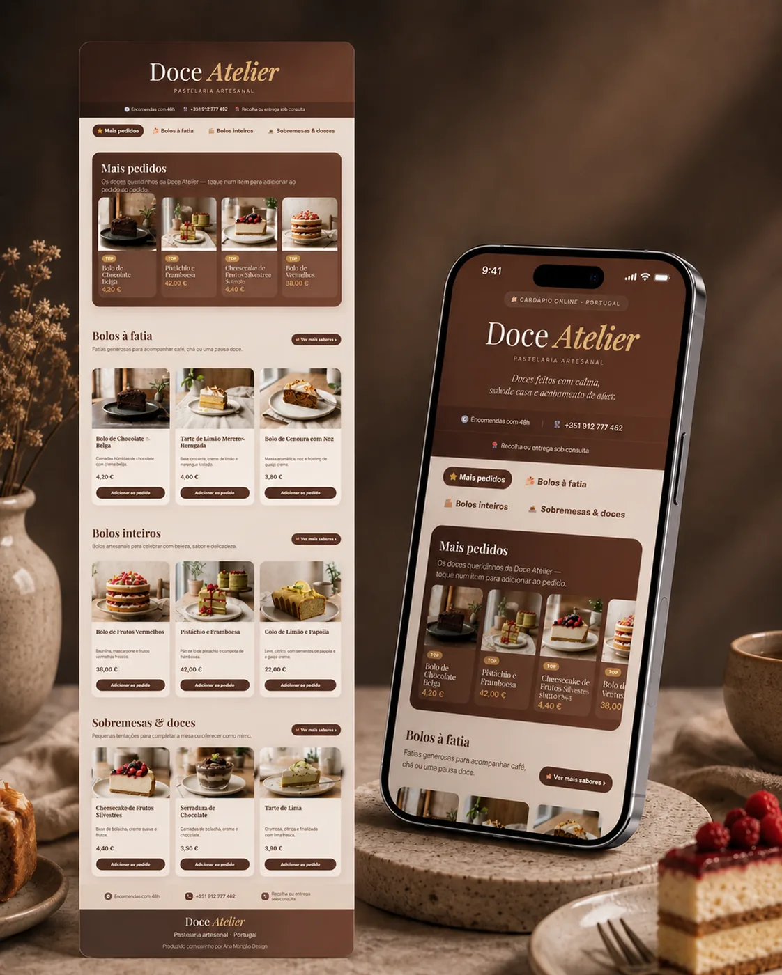 Exemplo de vitrine virtual e catálogo online para pastelaria artesanal criado por Ana Monção